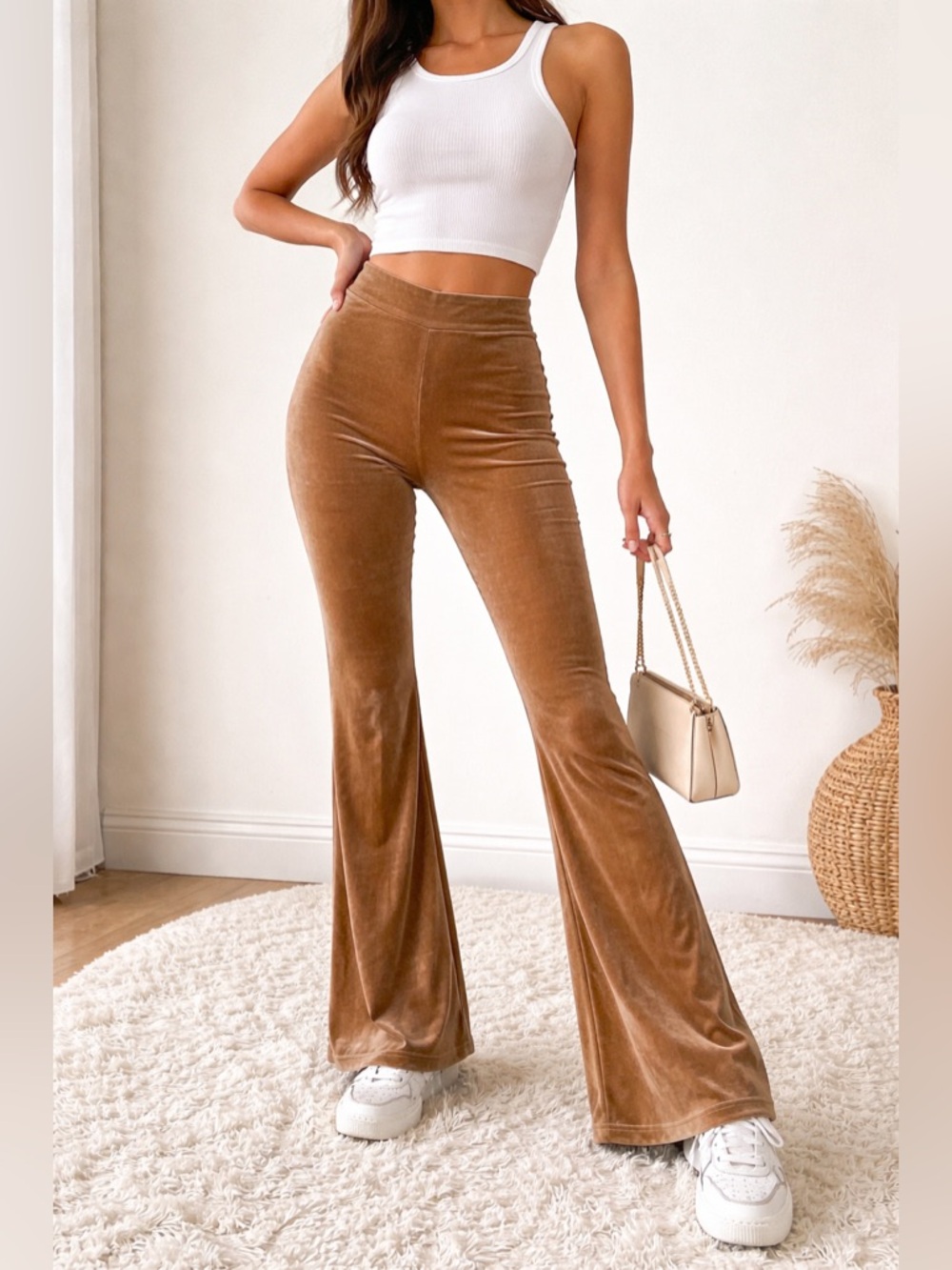 Bear Dance Tan Velvet Flare Pants Y2K Stretch Bootcut Size M
